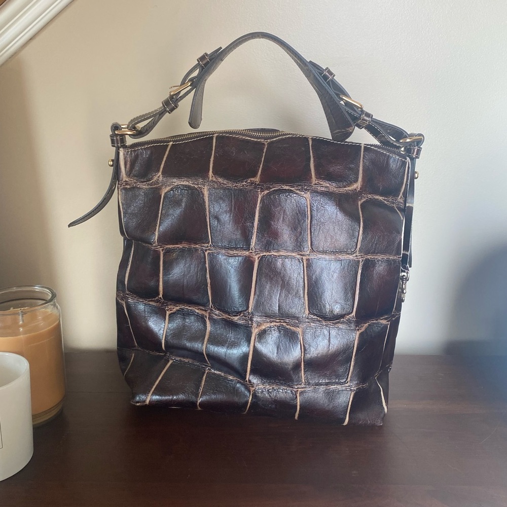 Dooney & Bourke Brown Croc-Embossed Leather Shoulder Bag - Picture 5 of 6